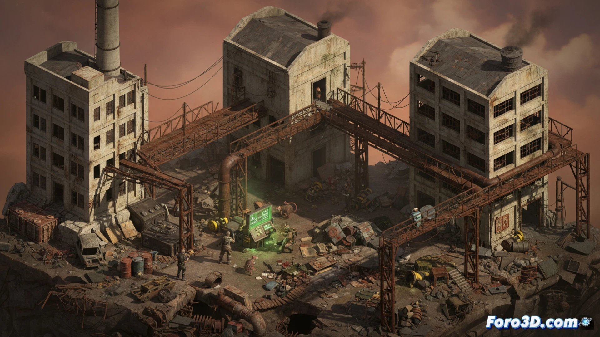 Vista isométrica de una ciudad industrial devastada. Ruinas de hormigón, neón descolorido y figuras encapuchadas entre la niebla radiactiva.