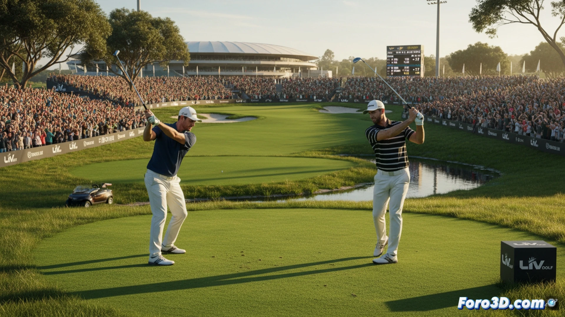 Duelo épico entre Rahm y DeChambeau en el hoyo 18 del LIV Adelaide, con el público vibrante en las gradas.