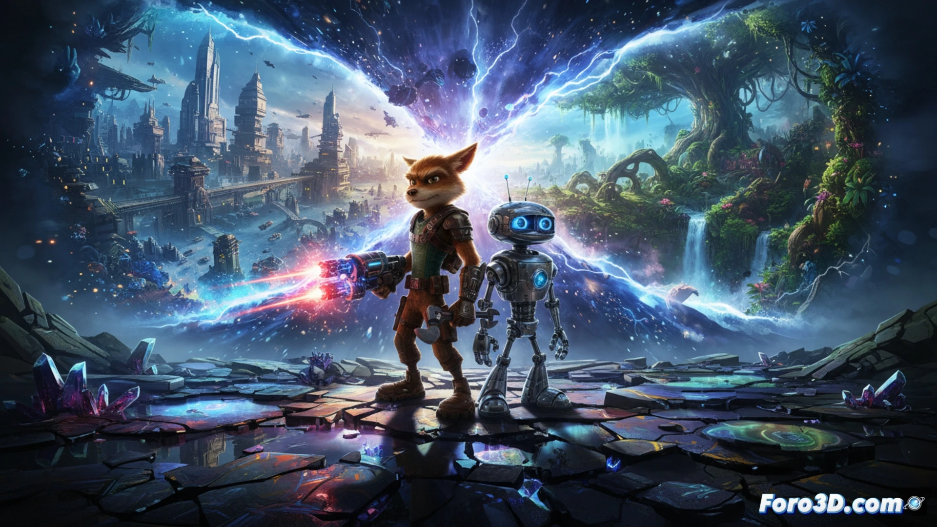 Captura de pantalla del videojuego Ratchet & Clank: Rift Apart mostrando a los personajes en un entorno vibrante y detallado con efectos de partículas.