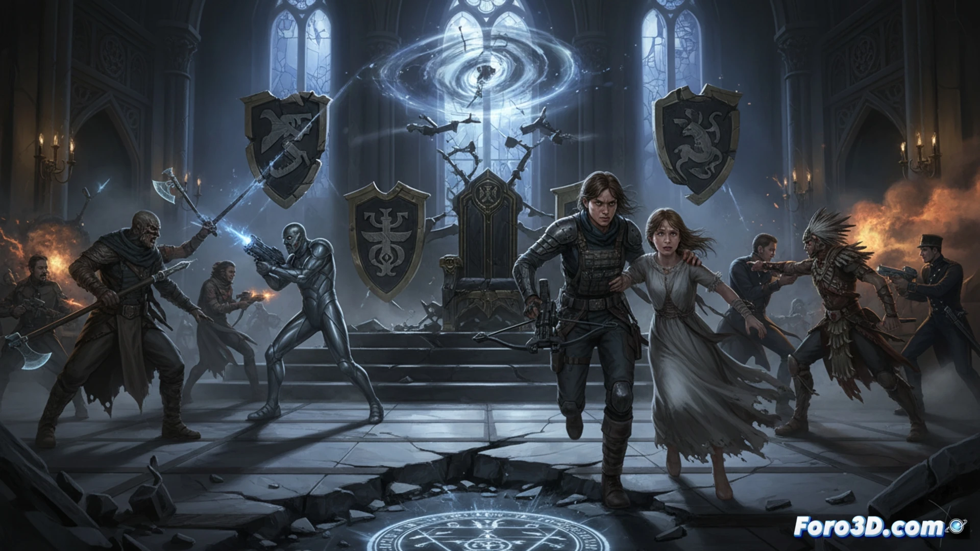 Una Grace herida y su hermana Faith se esconden entre ruinas, mientras cuatro símbolos familiares iluminan el cielo nocturno, presagiando una guerra global.