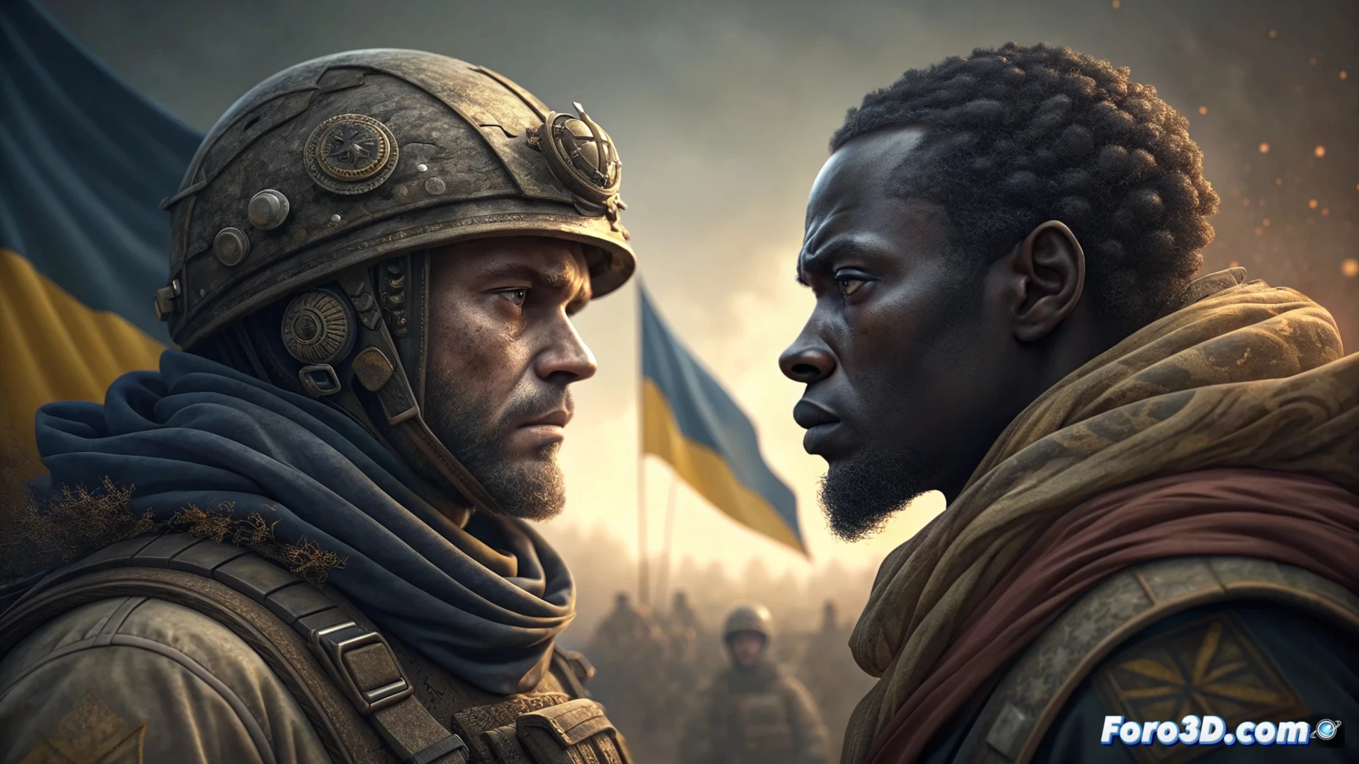 Un artista 3D modela un soldado estilizado sobre un mapa de Ucrania, con documentos rotulados promesas falsas desvaneciéndose en el fondo.