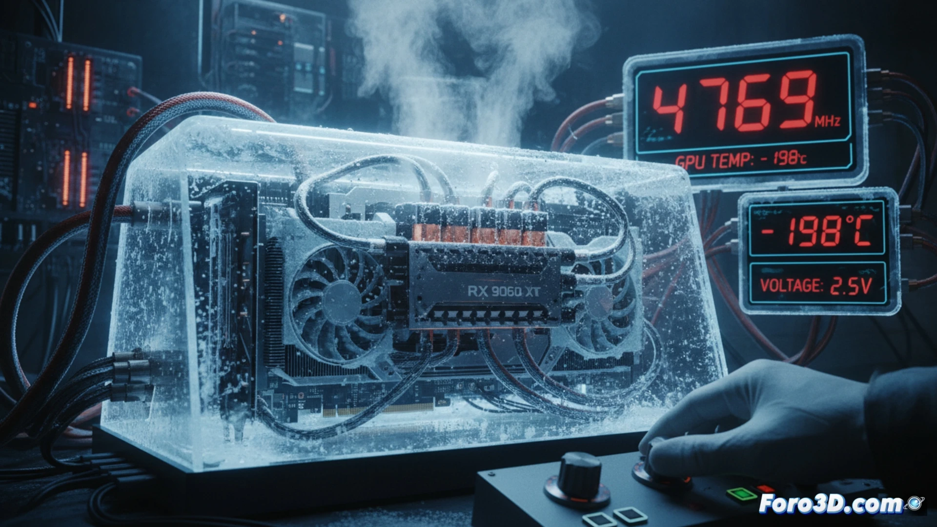 Una tarjeta gráfica RX 9060 XT, cubierta de hielo y conectada a equipos de medición, muestra en pantalla la frecuencia récord de 4.769 MHz.