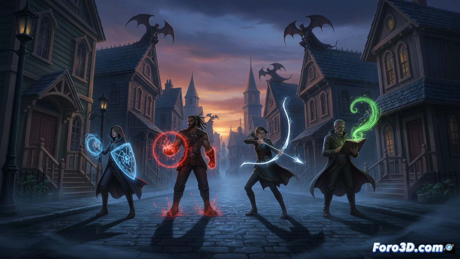 Captura de pantalla del videojuego Redfall mostrando un entorno urbano estilizado de noche, con iluminación dinámica y efectos visuales, mientras personajes cooperan frente a amenazas vampíricas.