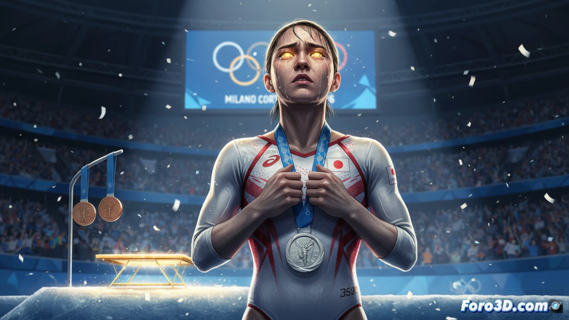 Un saltador japonés en el aire sobre el trampolín, con mirada concentrada y el estadio nevado de fondo, mientras aspira al oro olímpico.