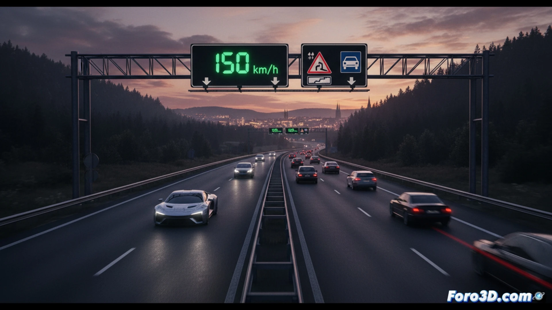Señal variable en autopista checa mostrando 150 km/h bajo un cielo despejado, con coches circulando a alta velocidad en un tramo de prueba.