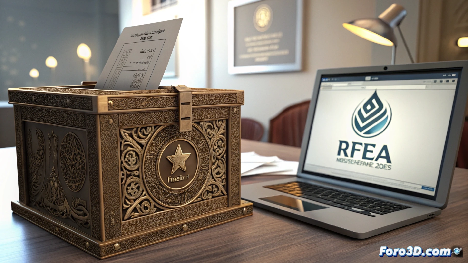 Una persona vota en una tablet mostrando la web de la RFEA, con logos de atletismo y fotos de jueces en acción al fondo.