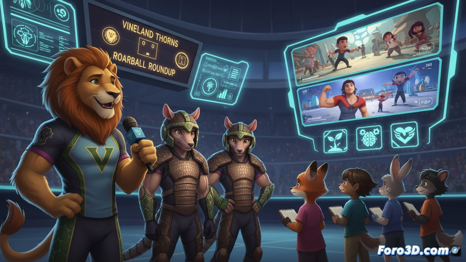 Una jugadora de Roarball sonríe junto a un póster de los Vineland Thorns, mientras en una pantalla cercana se muestra el título del programa educativo sobre resiliencia.