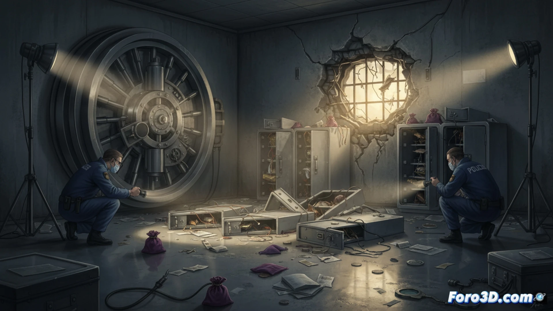 Imagen de cajas de seguridad forzadas y vacías en la bóveda de un banco, con focos de luz policial iluminando la escena del crimen.