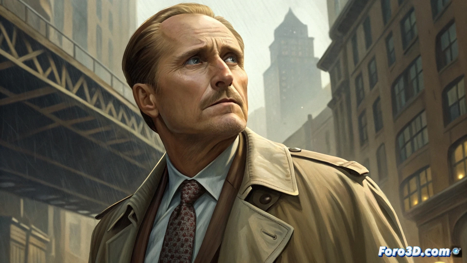Un detective Pendergast, Robert Duvall, exhausto y pensativo en su despacho, reflejando el desgaste del sistema. Al fondo, el caos de la ciudad se vislumbra por la ventana.