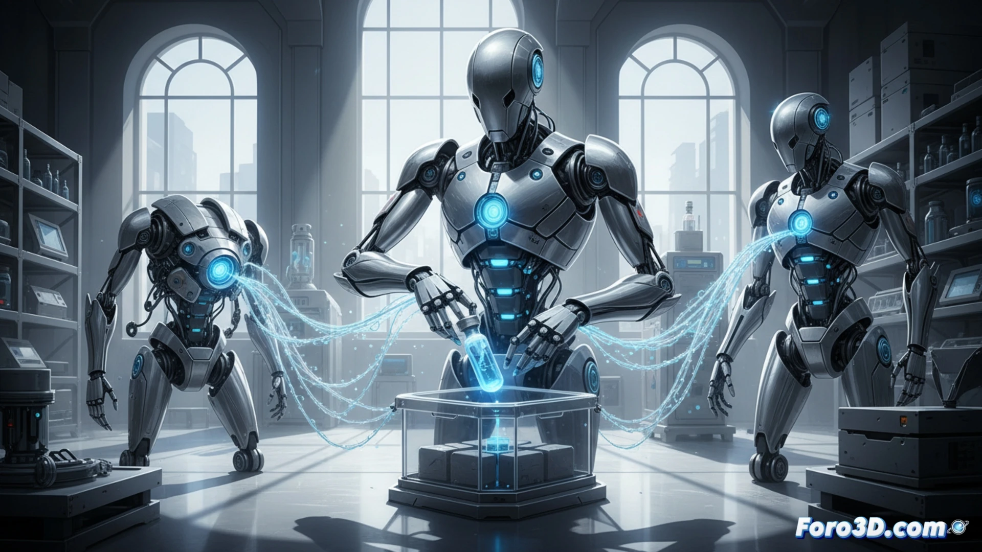 Ilustración conceptual de dos robots humanoides intercambiando datos de forma inalámbrica, representado por líneas de conexión y símbolos de engranajes flotantes, en un entorno de fábrica moderna.