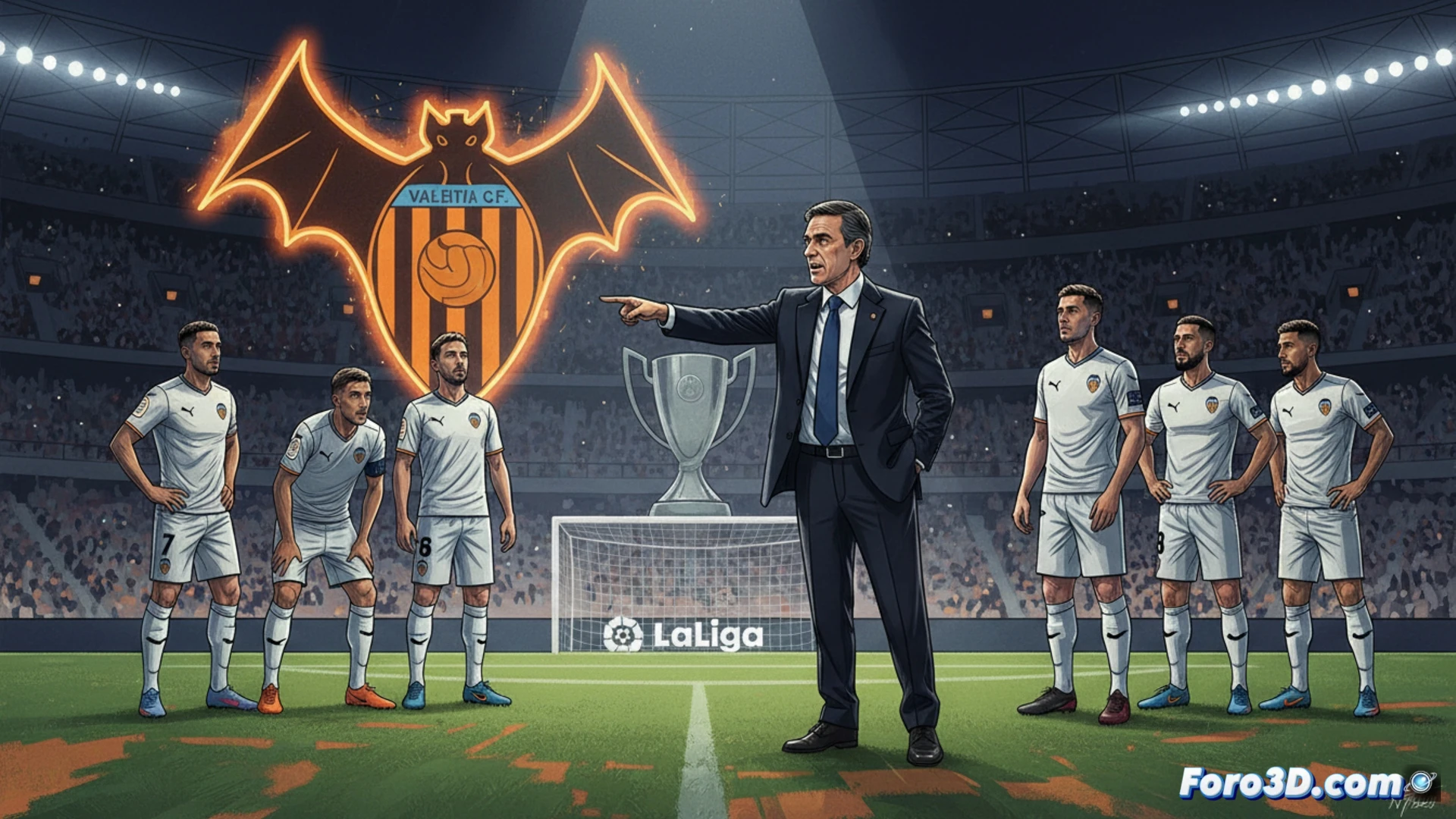 Juan Roig, con gesto firme, arenga a la plantilla del Valencia en el vestuario, transmitiendo exigencia y ambición por el título.