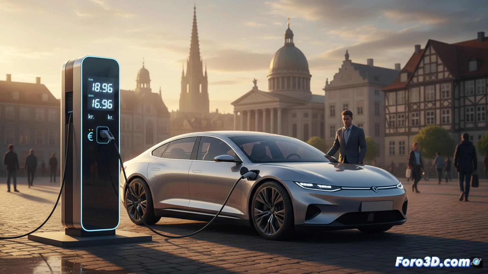 Infografía comparativa que muestra los diferentes precios por kWh para cargar un coche eléctrico en varias capitales europeas como Madrid, París, Vilna, Berlín y Copenhague.