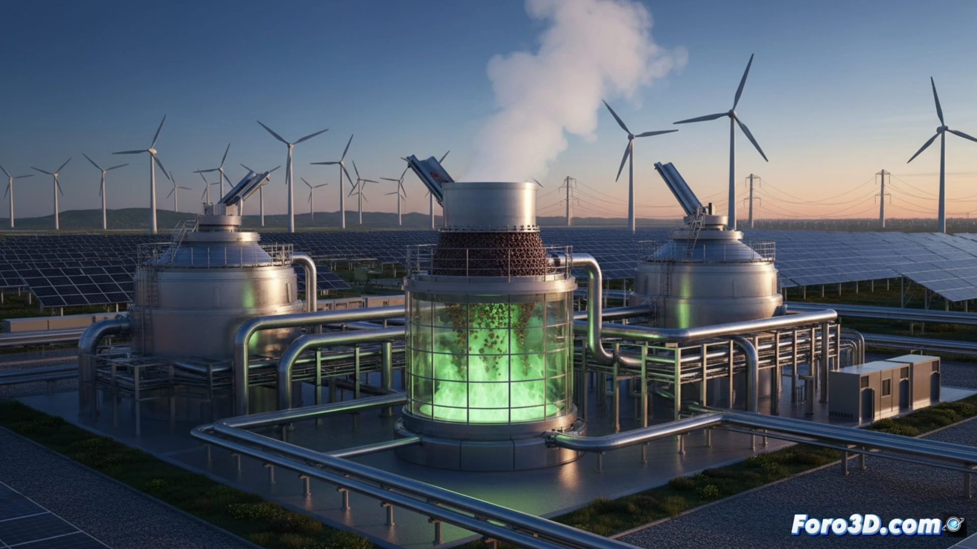 Ilustración conceptual que muestra un alto horno industrial tradicional emitiendo humo gris junto a uno moderno y limpio que libera vapor de agua, con símbolos de energías solar y eólica de fondo.