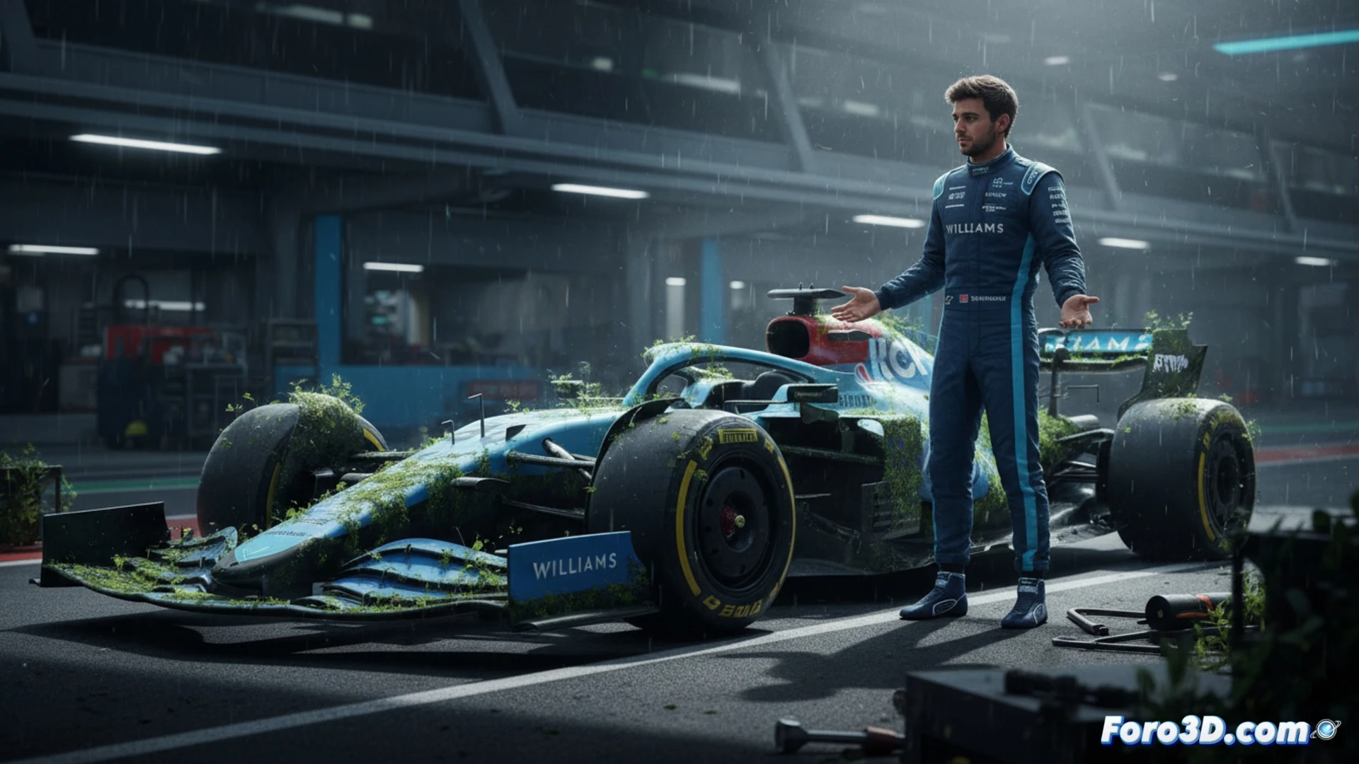 Carlos Sainz observa con concentración el Williams FW48 en el garaje, mientras ingenieros ajustan el monoplaza aún en desarrollo.