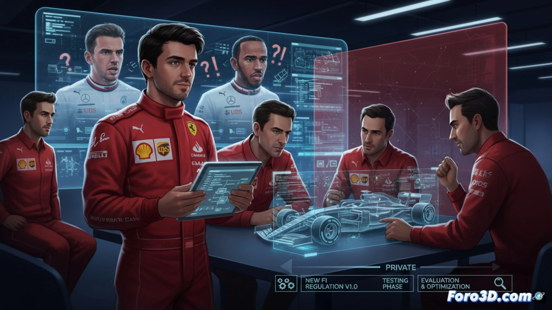 Sainz, con gesto serio, explica en una sala de reuniones de F1, mientras en una pantalla se proyecta un diagrama de un nuevo software 3D.