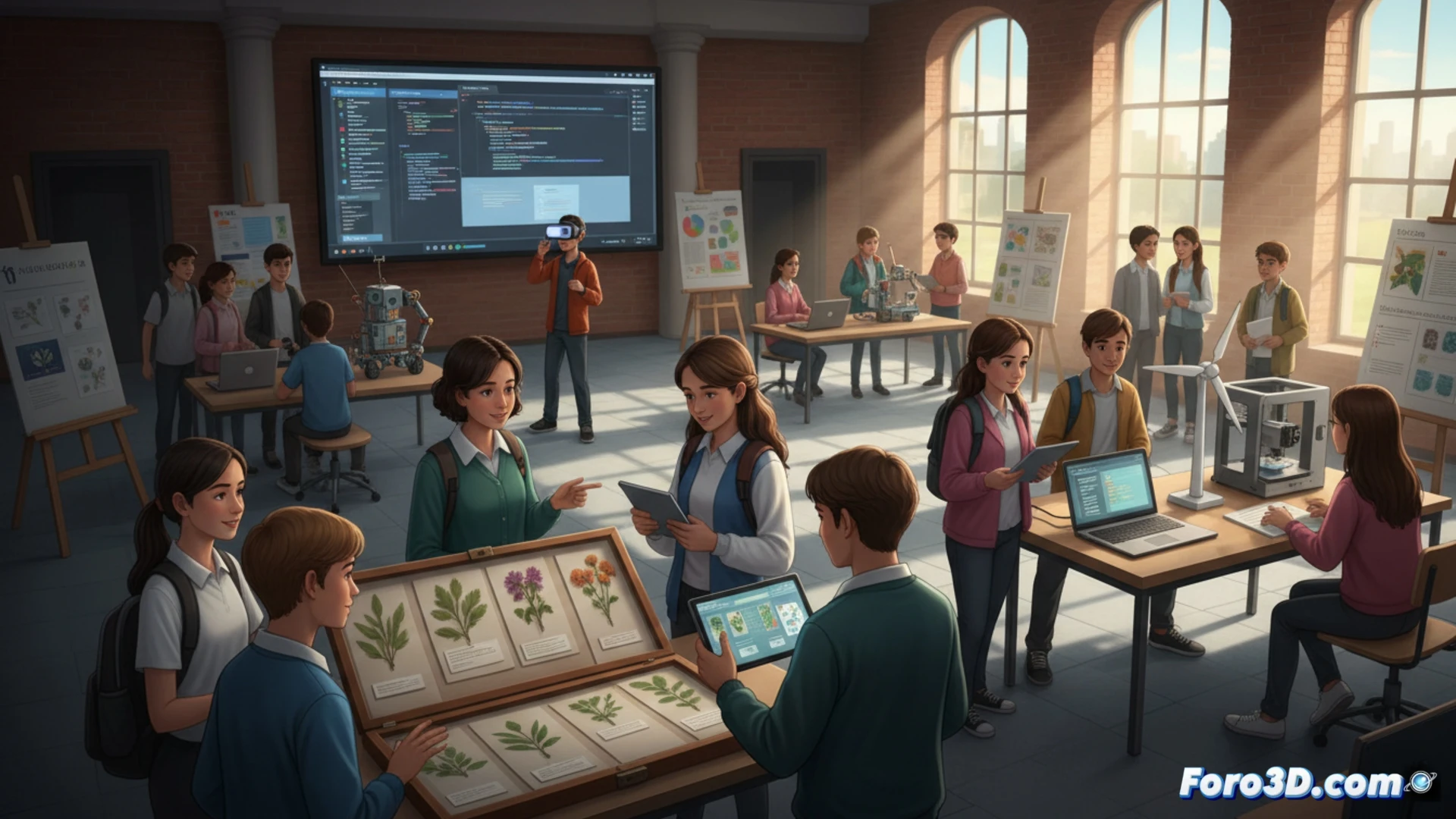 Estudiantes muestran herbarios y apps en una feria escolar, fusionando métodos tradicionales y tecnología moderna en un ambiente educativo activo.