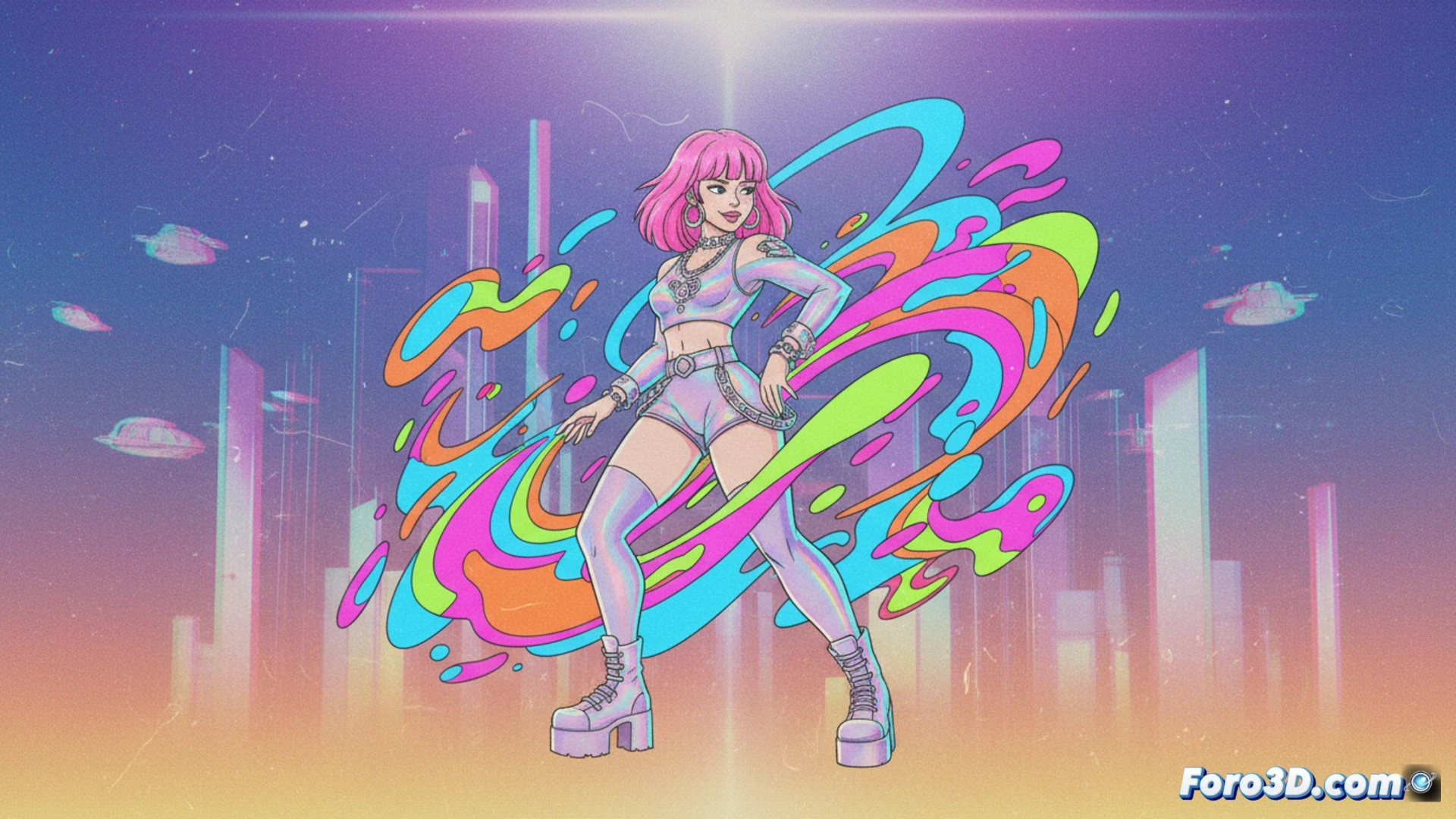 Una animadora dibuja frame by frame en una mesa de luz, rodeada de colores vibrantes Y2K y efectos de grano digital que flotan en el aire.