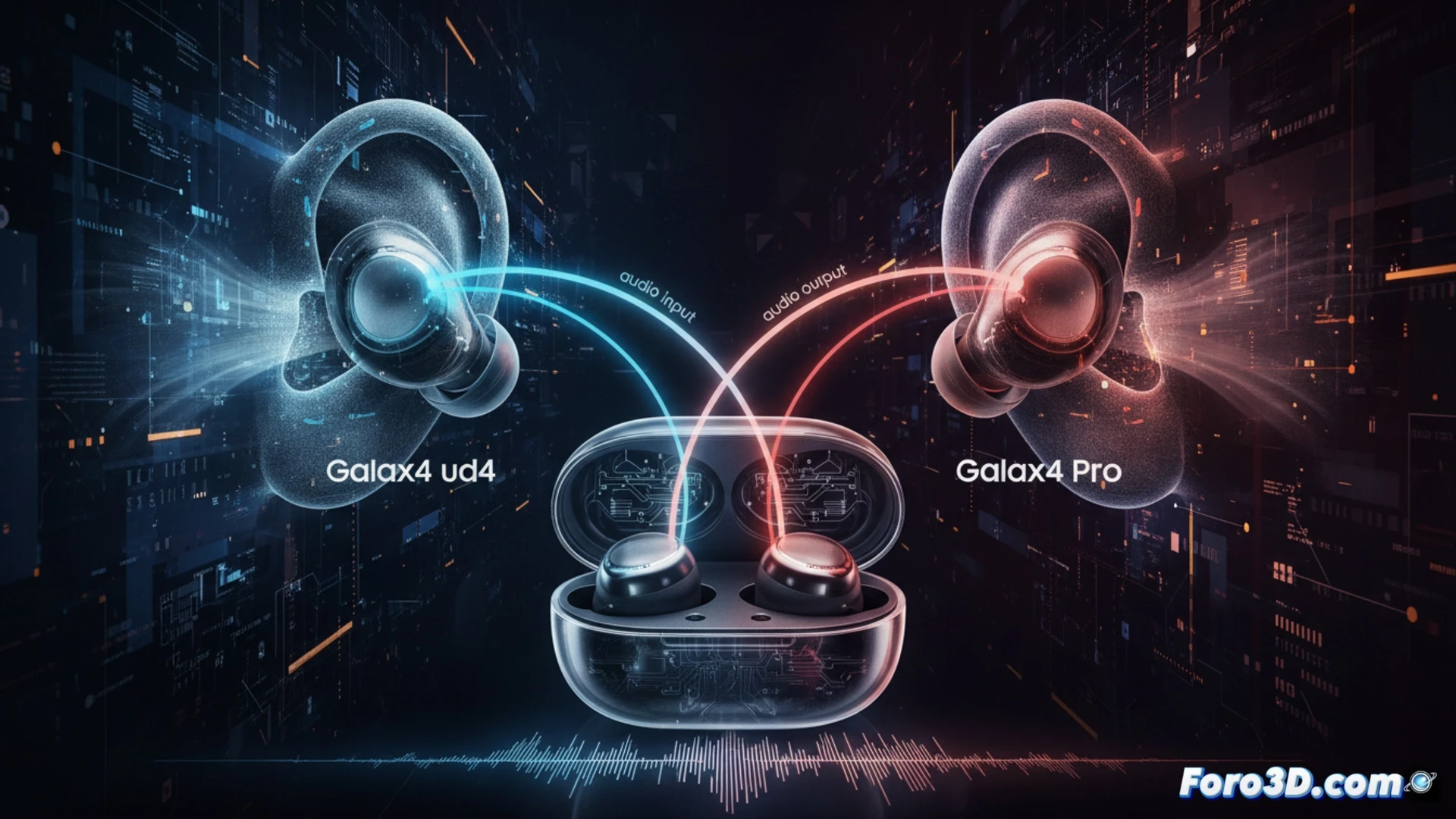 Dos auriculares inalámbricos con diseño ergonómico tipo 'blade'. El modelo Pro (intraural) y el estándar (abierto) junto a su estuche con ventana transparente.