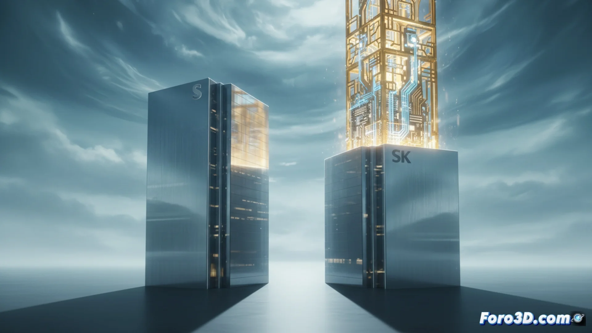 Gráfico comparativo que muestra los beneficios netos anuales de Samsung y SK hynix en el sector de semiconductores, con un chip de memoria HBM en primer plano.