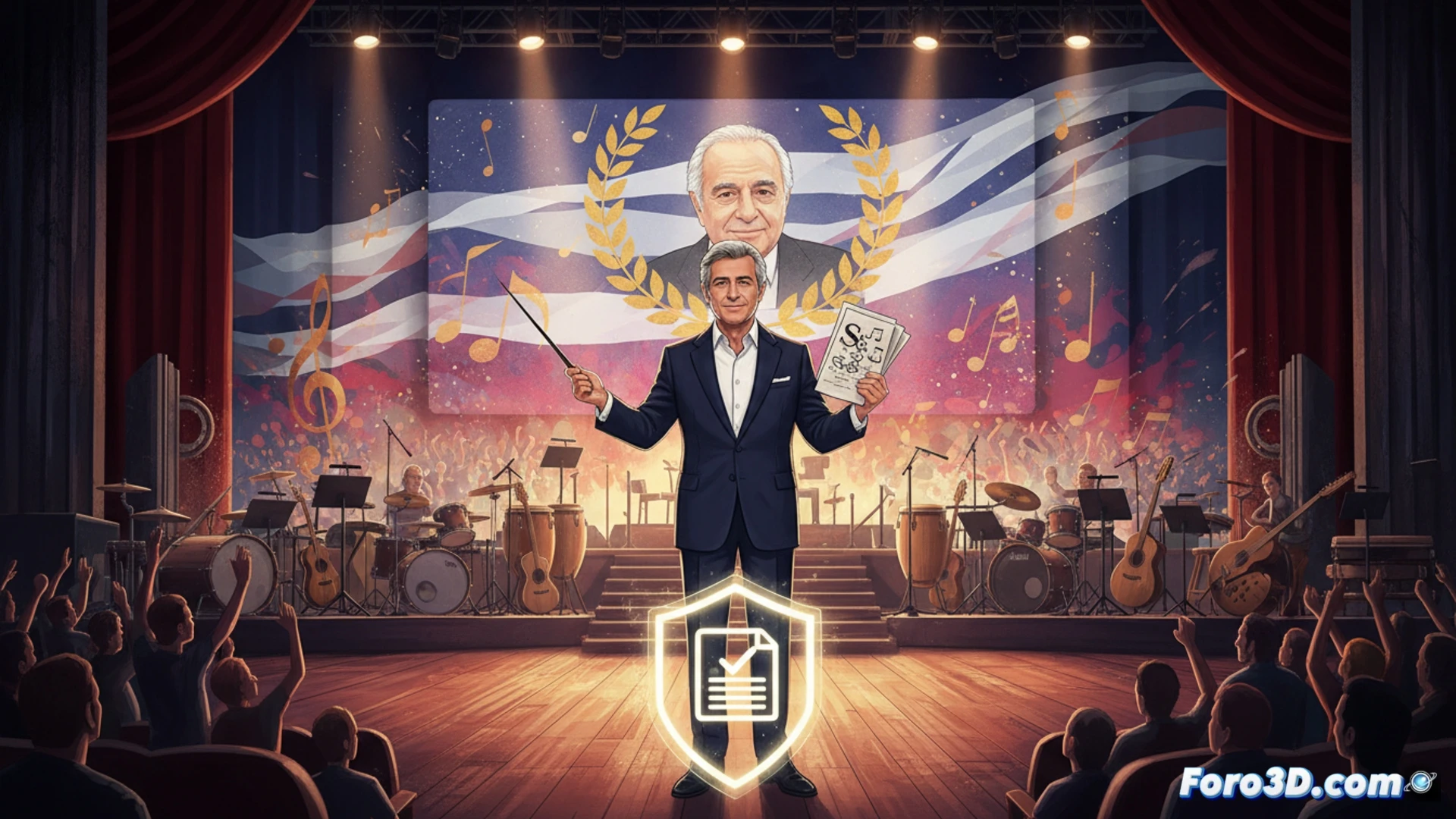 Carlo Conti dirige el escenario de Sanremo 2026, con un telón de fondo solemne dedicado a Baudo y un documento de cláusulas de responsabilidad visible.