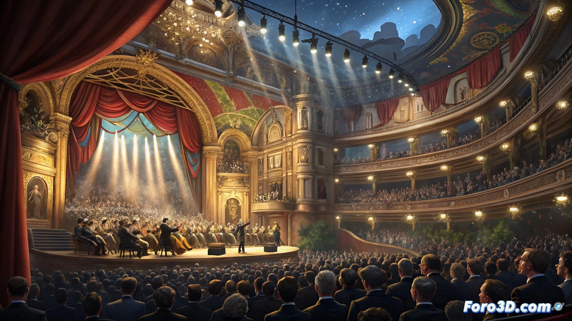 Una multitud en el Teatro Ariston, Carlo Conti en el escenario. La pantalla muestra 