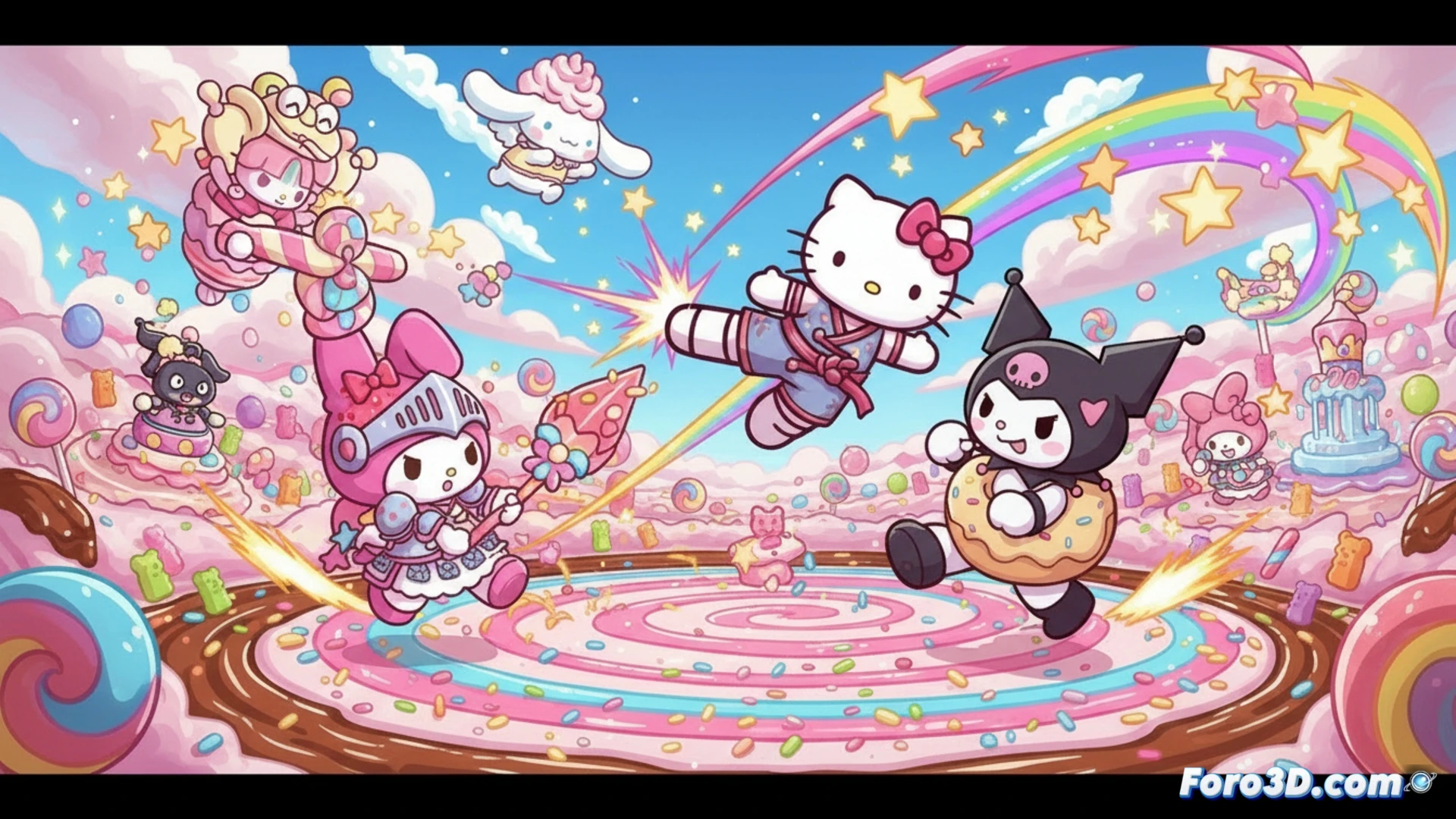 Captura de pantalla oficial del videojuego Sanrio Characters Smash Festa mostrando a Hello Kitty y Kuromi enfrentándose en un escenario colorido y temático.