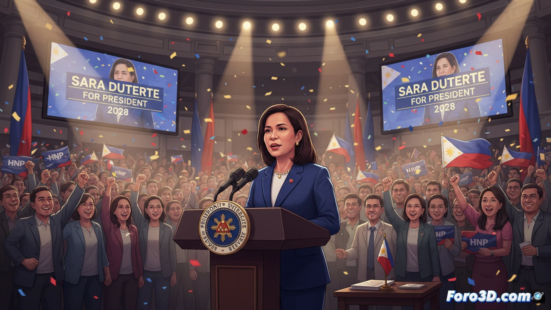 La vicepresidenta Sara Duterte, en un podio con el escudo de Filipinas, anuncia su candidatura presidencial ante una multitud expectante.