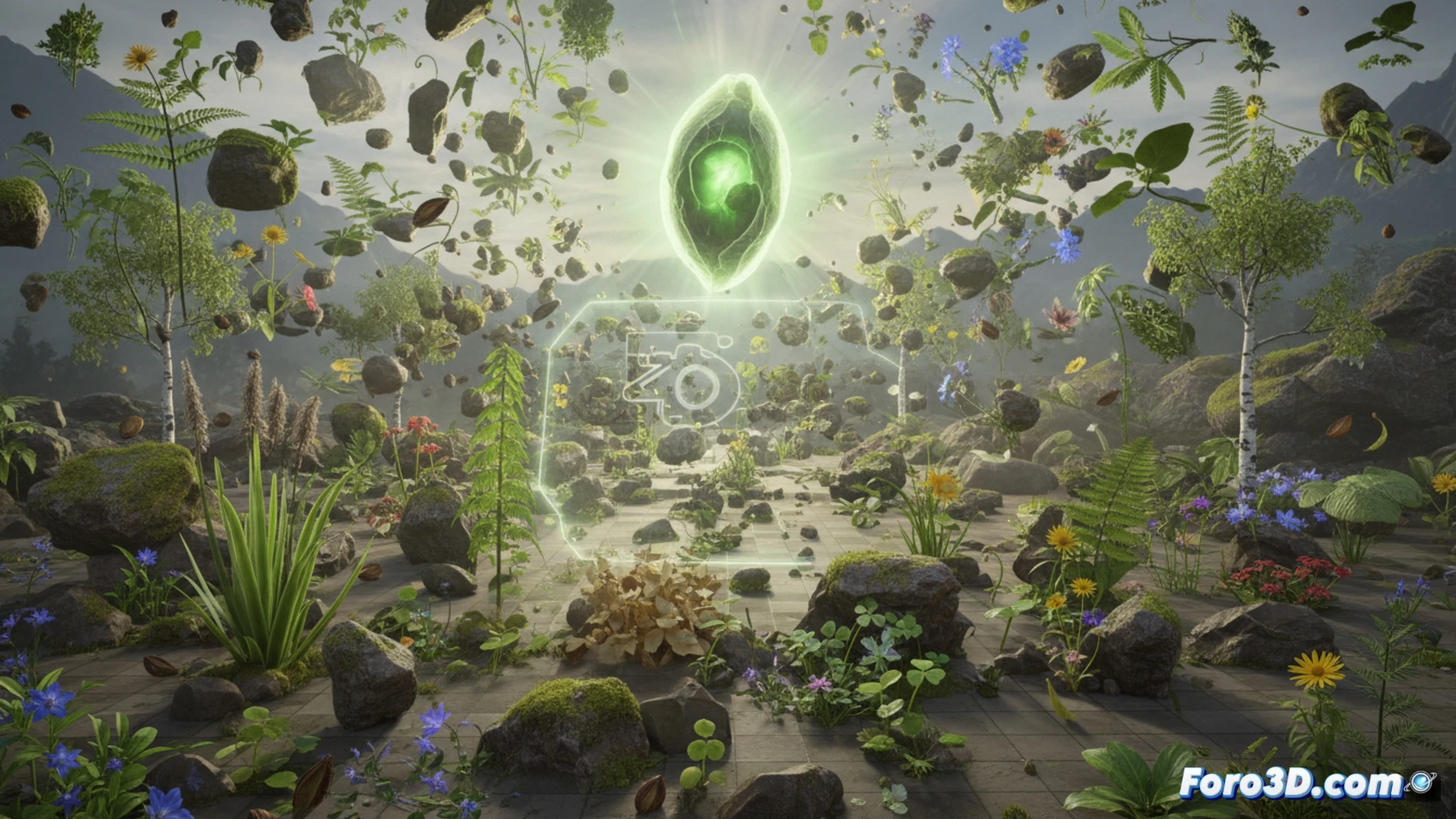 Vista 3D de Blender mostrando un terreno montañoso con miles de árboles, rocas y arbustos dispersados de forma realista y natural usando el plugin Scatter.