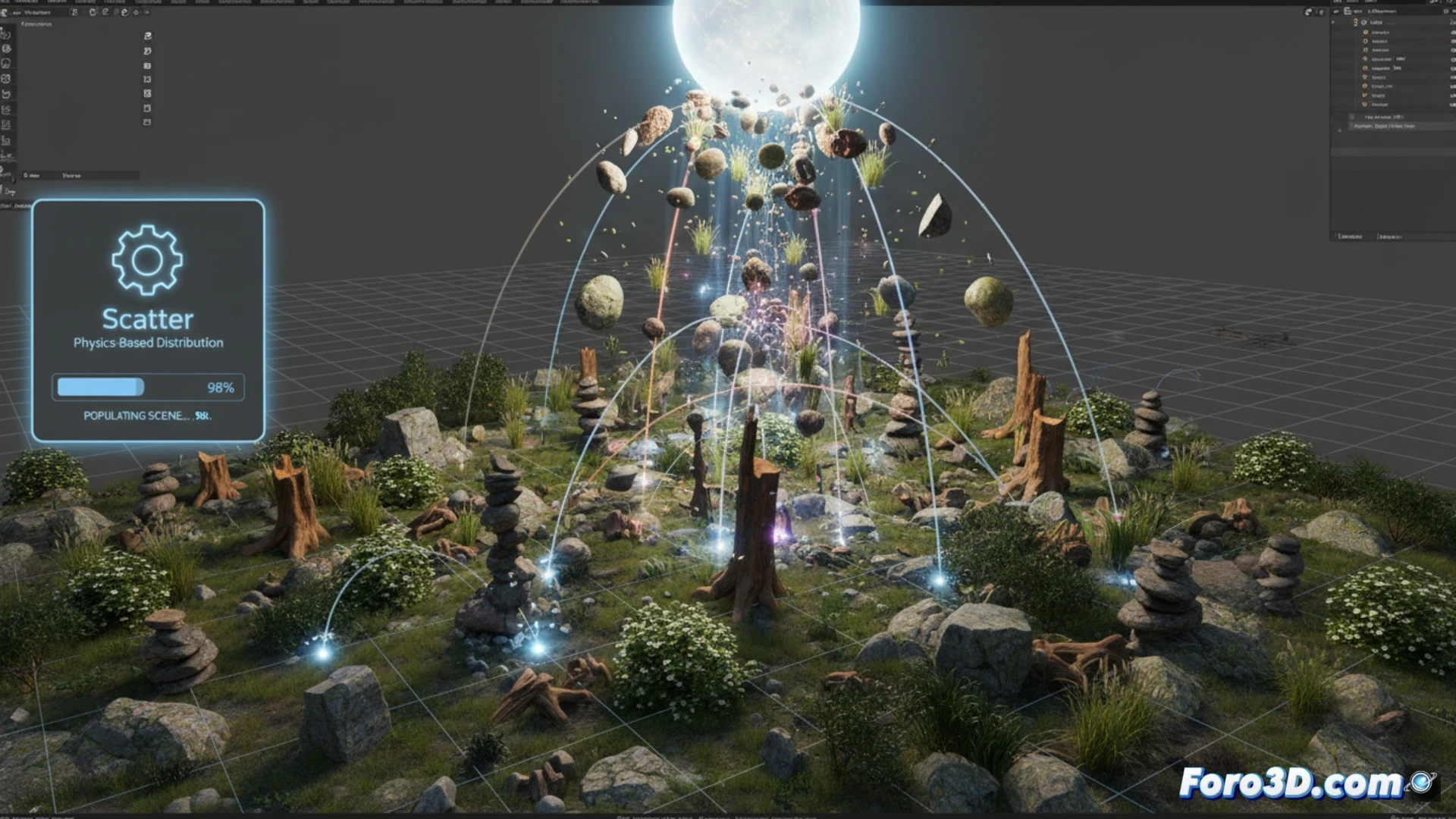 Imagen de un entorno 3D natural en Blender, con rocas y arbustos dispersados de forma realista sobre un terreno irregular, mostrando el resultado del plugin.