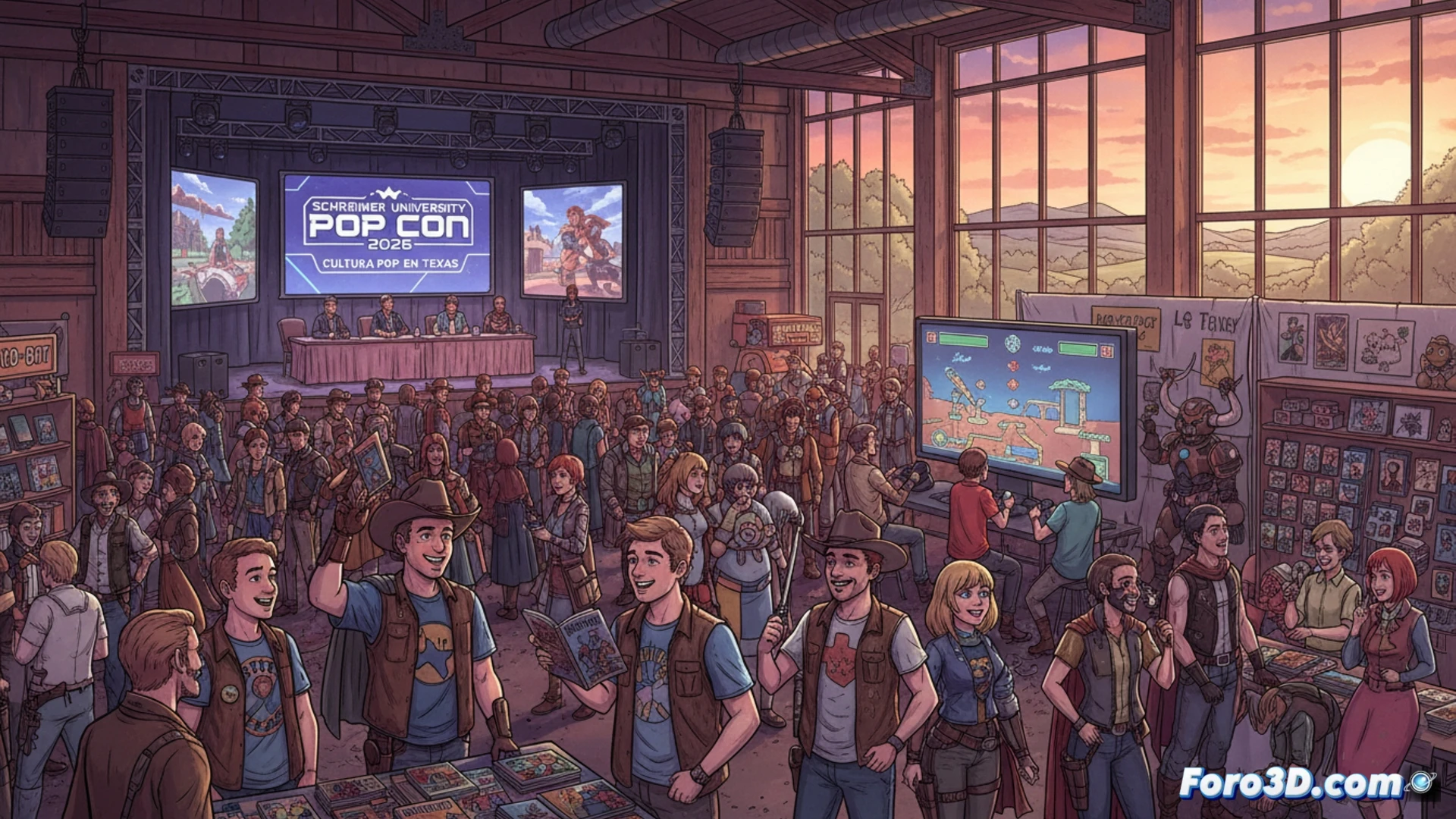 Una multitud diversa explora stands de cómics y videojuegos en un centro universitario lleno de color y actividad.