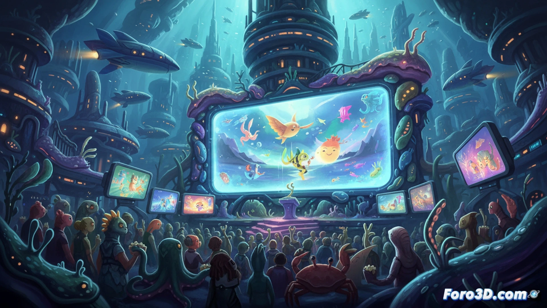 Un cartel luminoso anuncia el festival en una ciudad futurista, con una babosa marina de neón como protagonista.