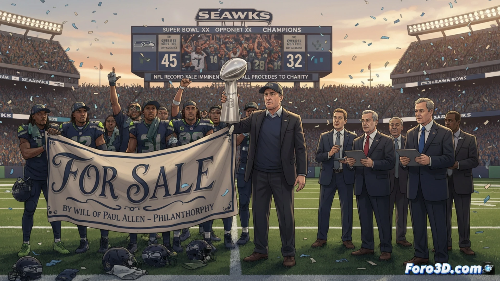 La copa del Super Bowl LX brilla en el vestuario vacío de los Seahawks, mientras los documentos de venta por voluntad de Paul Allen esperan sobre el escritorio.