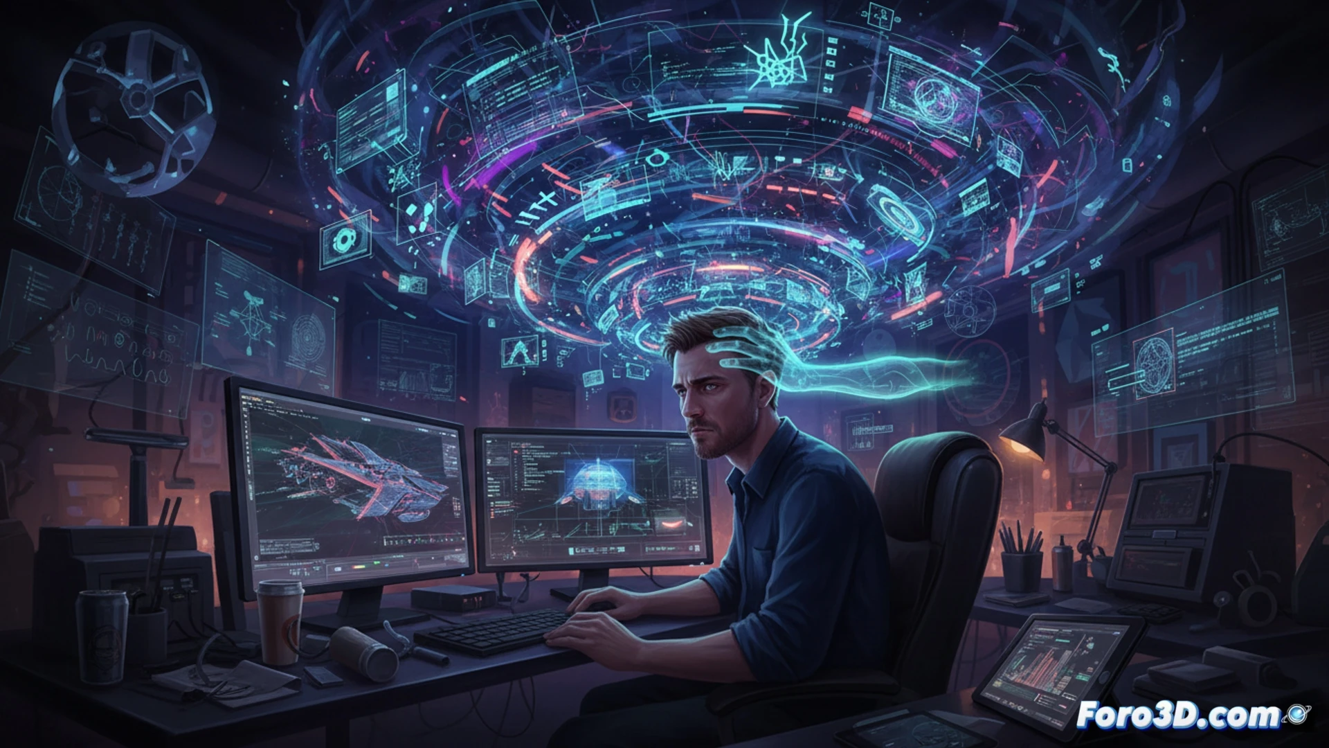 Un artista 3D, con expresión pensativa, tiene un complejo nodo de shader reflejado en sus gafas, mientras pensamientos intrusivos de secretos y errores de topología flotan a su alrededor.