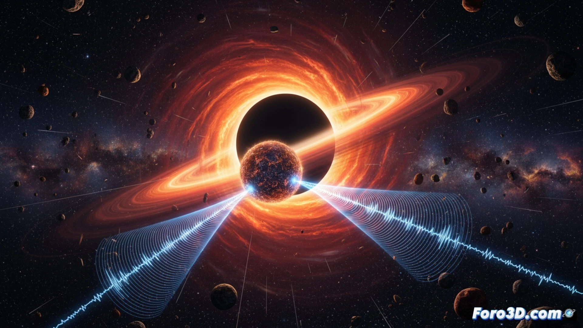 Una estrella de neutrones girando rápidamente, emitiendo un fino haz de ondas de radio, se alza sobre el disco de acreción del agujero negro Sagittarius A*.