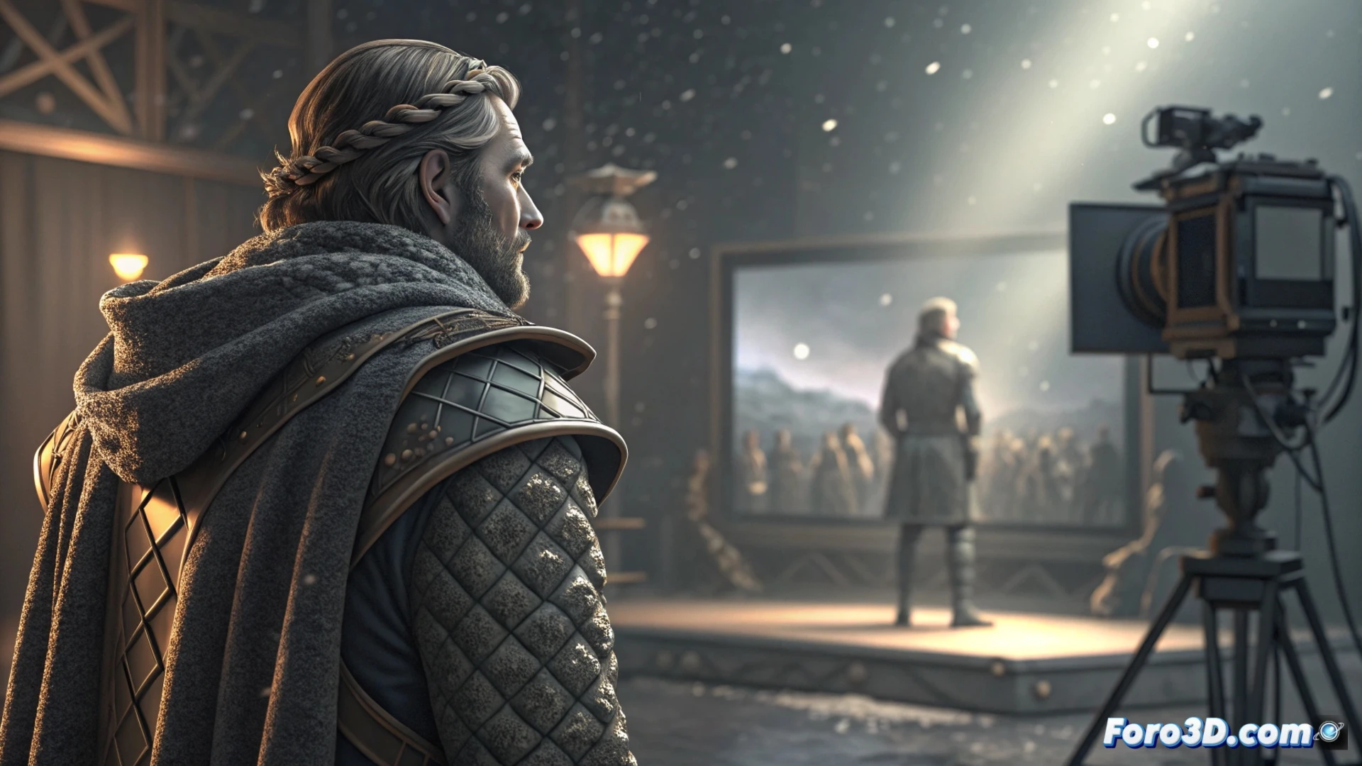 Plano de un pasillo infinito y estéril de Lumon, con un reloj de pared marcando una hora distorsionada, reflejando la espera eterna.