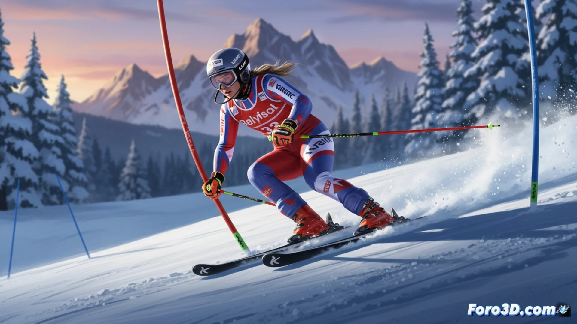 Mikaela Shiffrin, concentrada, esquía en un eslalon técnico. Su postura es perfecta, los esquís cortan la nieve con precisión absoluta entre las puertas rojas y azules.