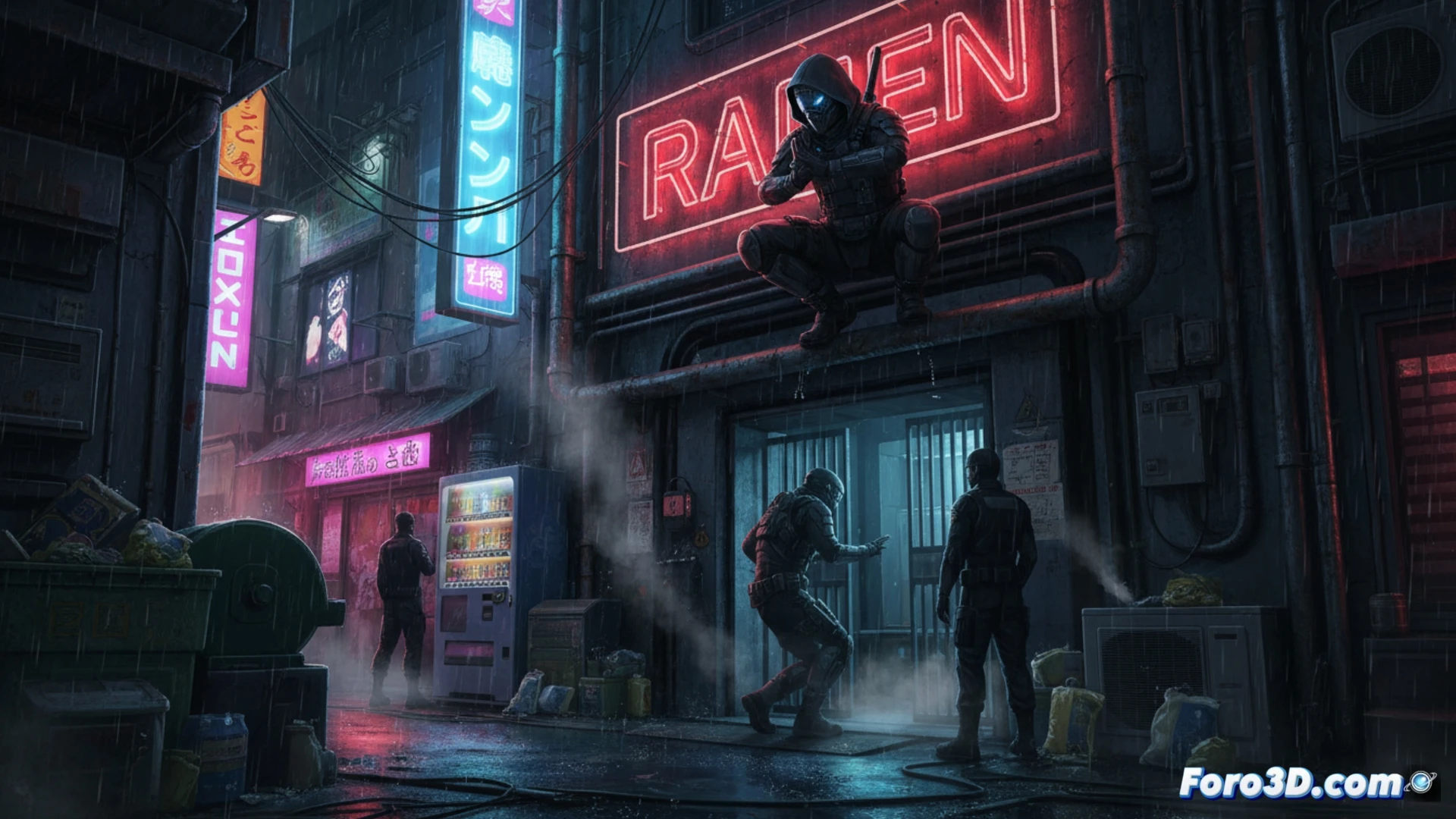 Imagen promocional del videojuego Yakoh Shinobi Ops, mostrando a varios ninjas con atuendos oscuros en una posición de sigilo, con fondos que evocan una arquitectura japonesa tradicional y nocturna.