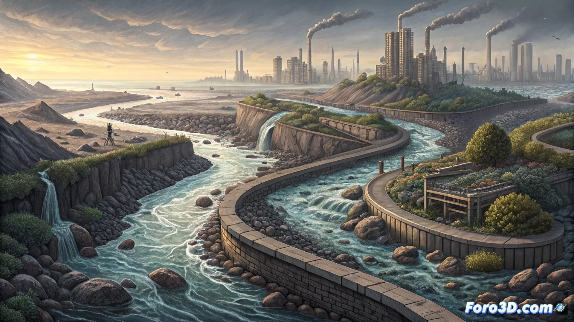 Una red de barreras flotantes en un río urbano, atrapando botellas y plásticos antes de que desemboquen en el mar.