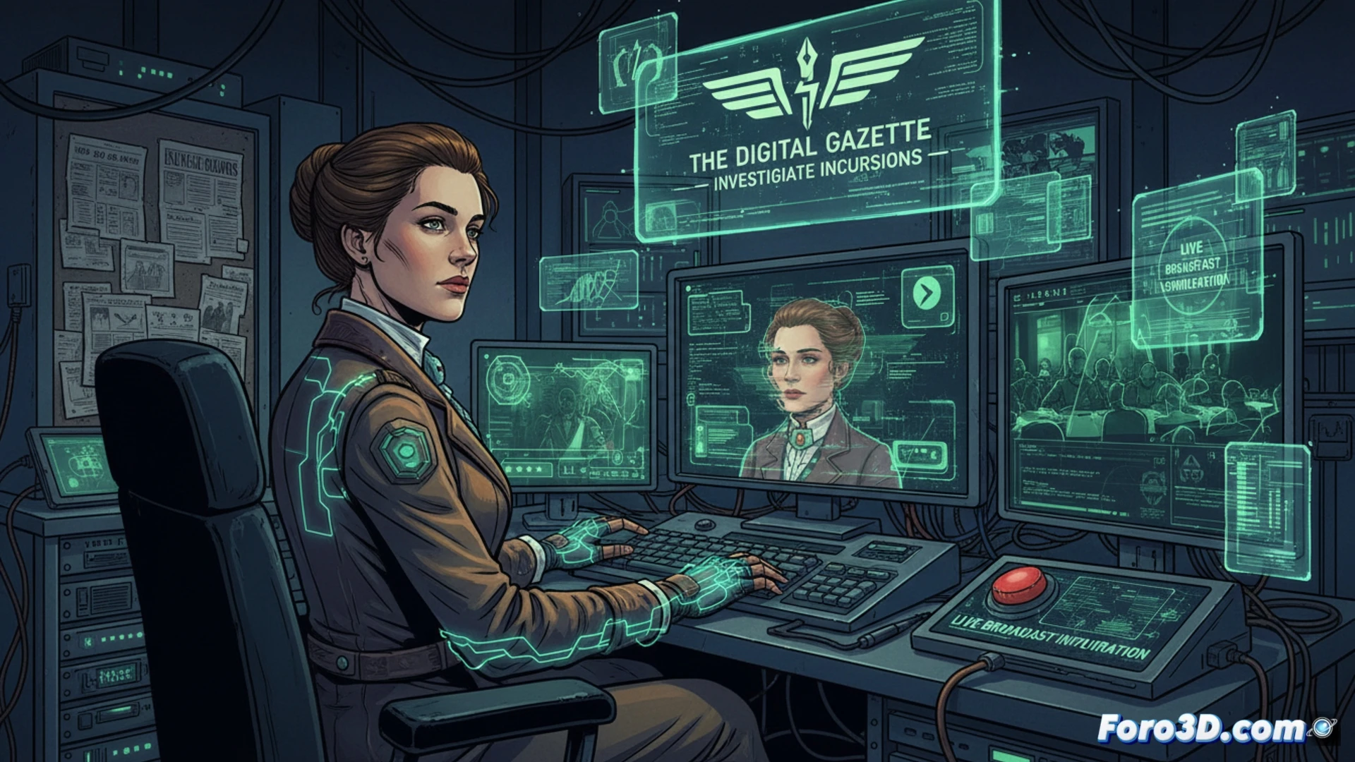 Una periodista moderna, rodeada de hologramas de identidades digitales, monitorea redes de desinformación en una pantalla llena de deepfakes éticos y datos en tiempo real.