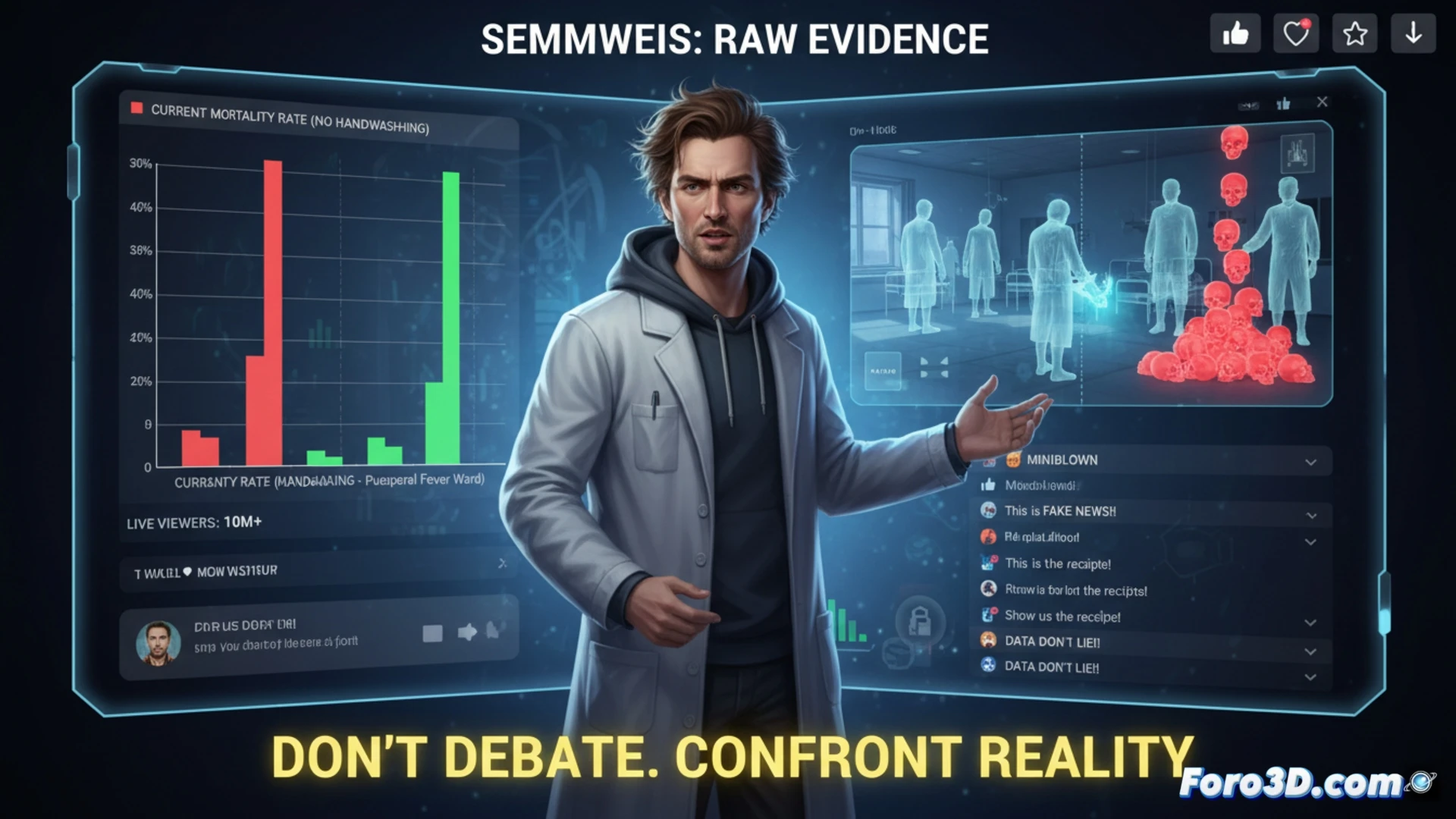 Un influencer moderno muestra gráficos impactantes de muertes evitables, mientras detrás, la sombra de Semmelweis observa desde un antiguo hospital.