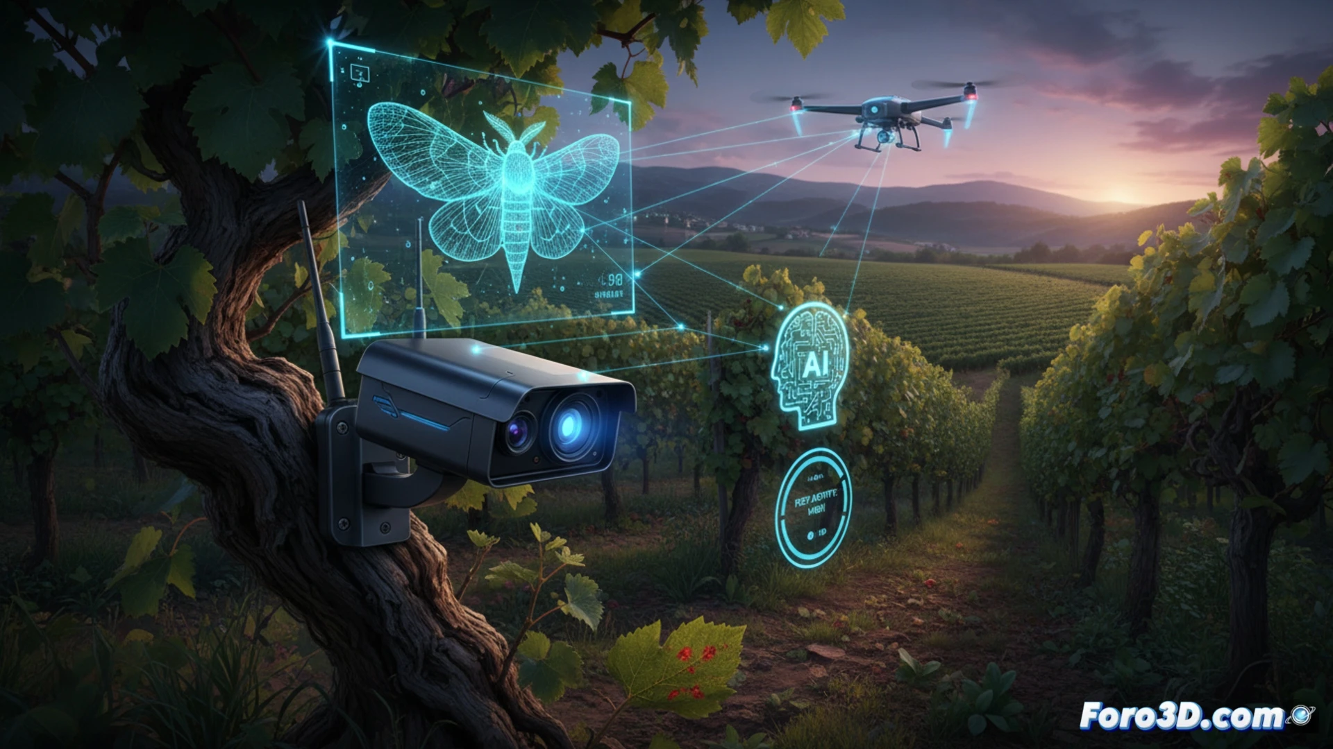 Un dispositivo con cámara y sensores 3D instalado en un viñedo, capturando y analizando automáticamente polillas en una trampa, con datos enviándose a un panel digital.