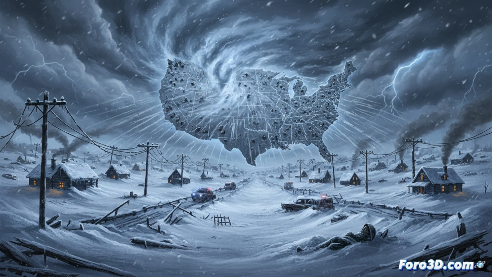 Imagen de extensas nevadas cubriendo calles y tendidos eléctricos derribados, con vehículos varados y luces de emergencia reflejándose en la noche invernal.