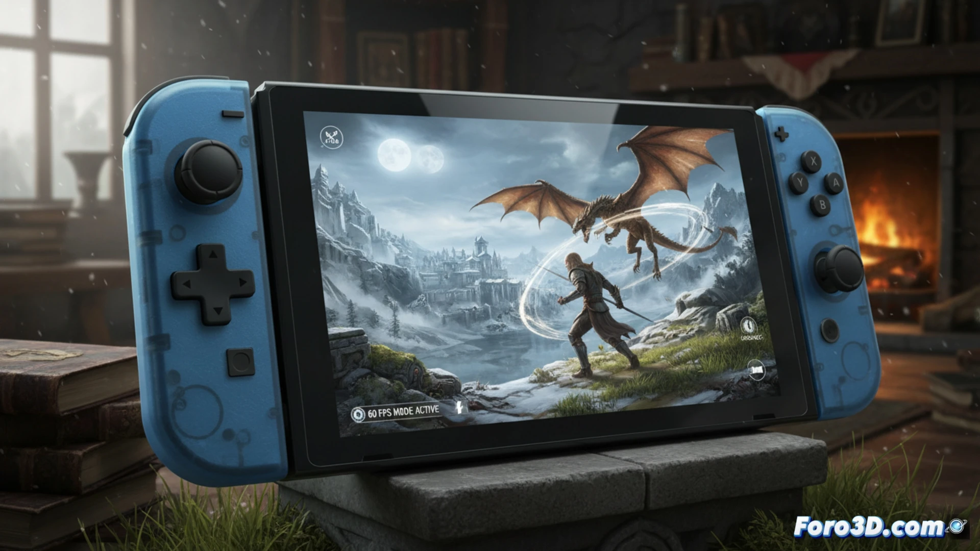 Un Dovahkiin en paisaje nevado de Skyrim, con una interfaz de 60 FPS superpuesta y un mando de Switch 2 en primer plano.