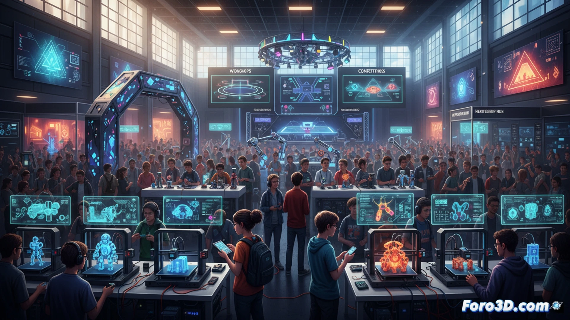 Vista aérea de un concurso de robótica en un recinto ferial lleno de stands de impresión 3D y talleres interactivos, con público diverso participando.