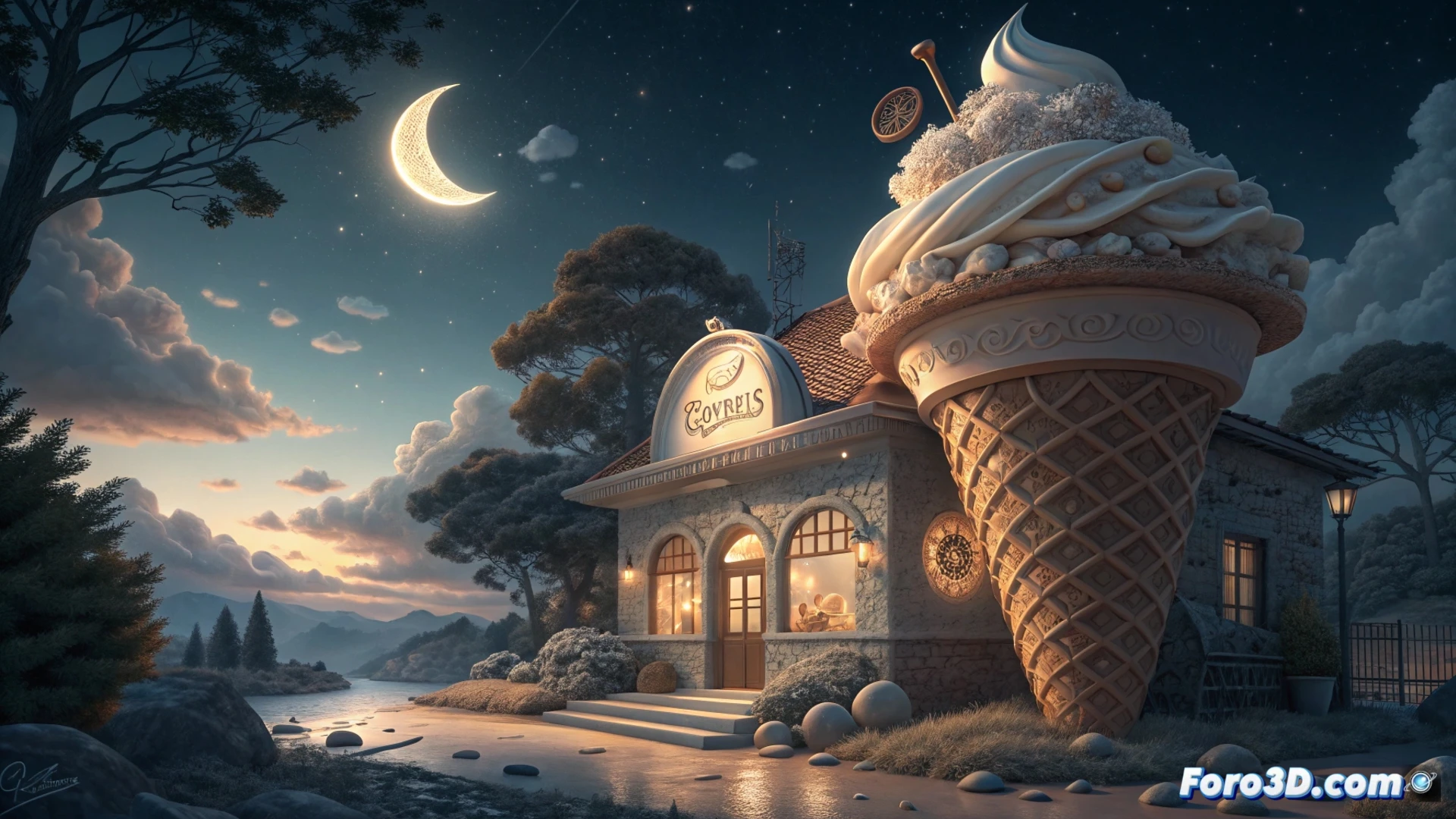 Una cuchara de helado cremoso sobre un fondo de colores nocturnos, con leves trazos de manzanilla y melisa flotando en una atmósfera serena y onírica.