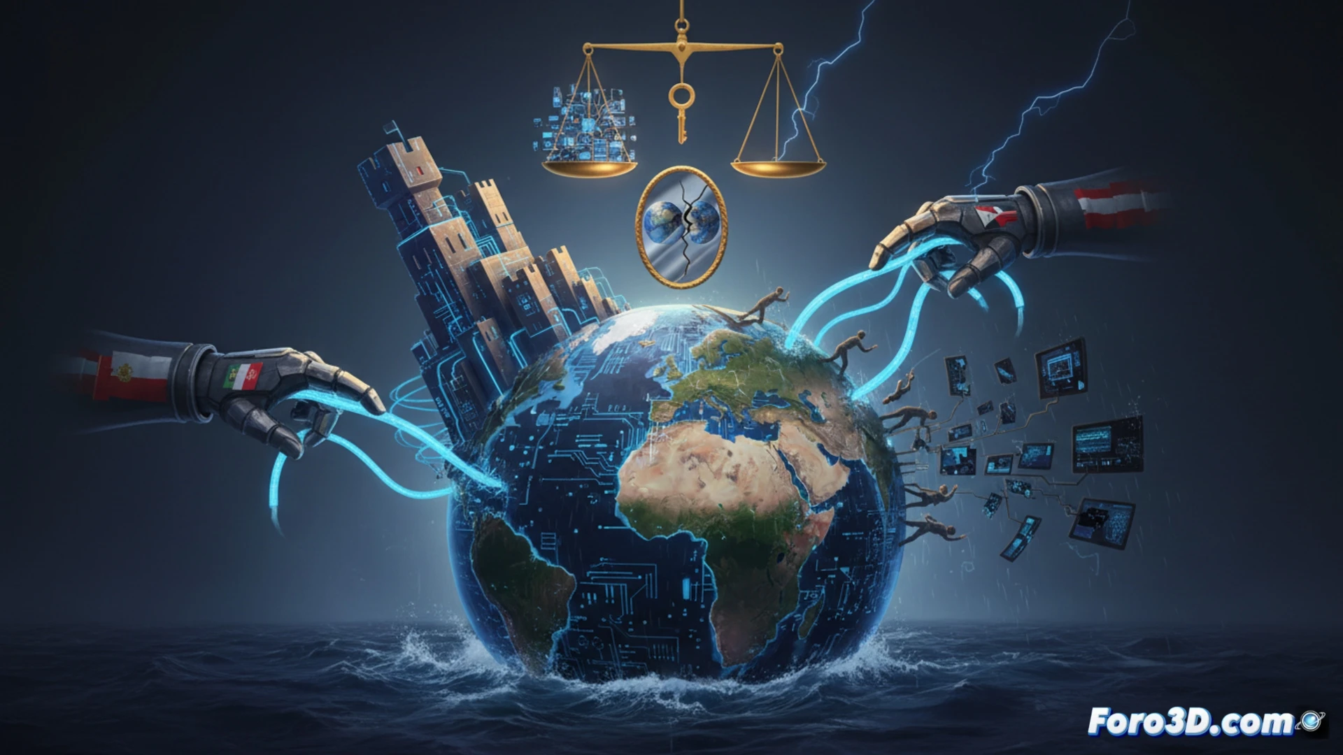 Un mapa mundial fracturado en dos mitades: una con cadenas digitales y candados, la otra con libre flujo de datos y conexiones.