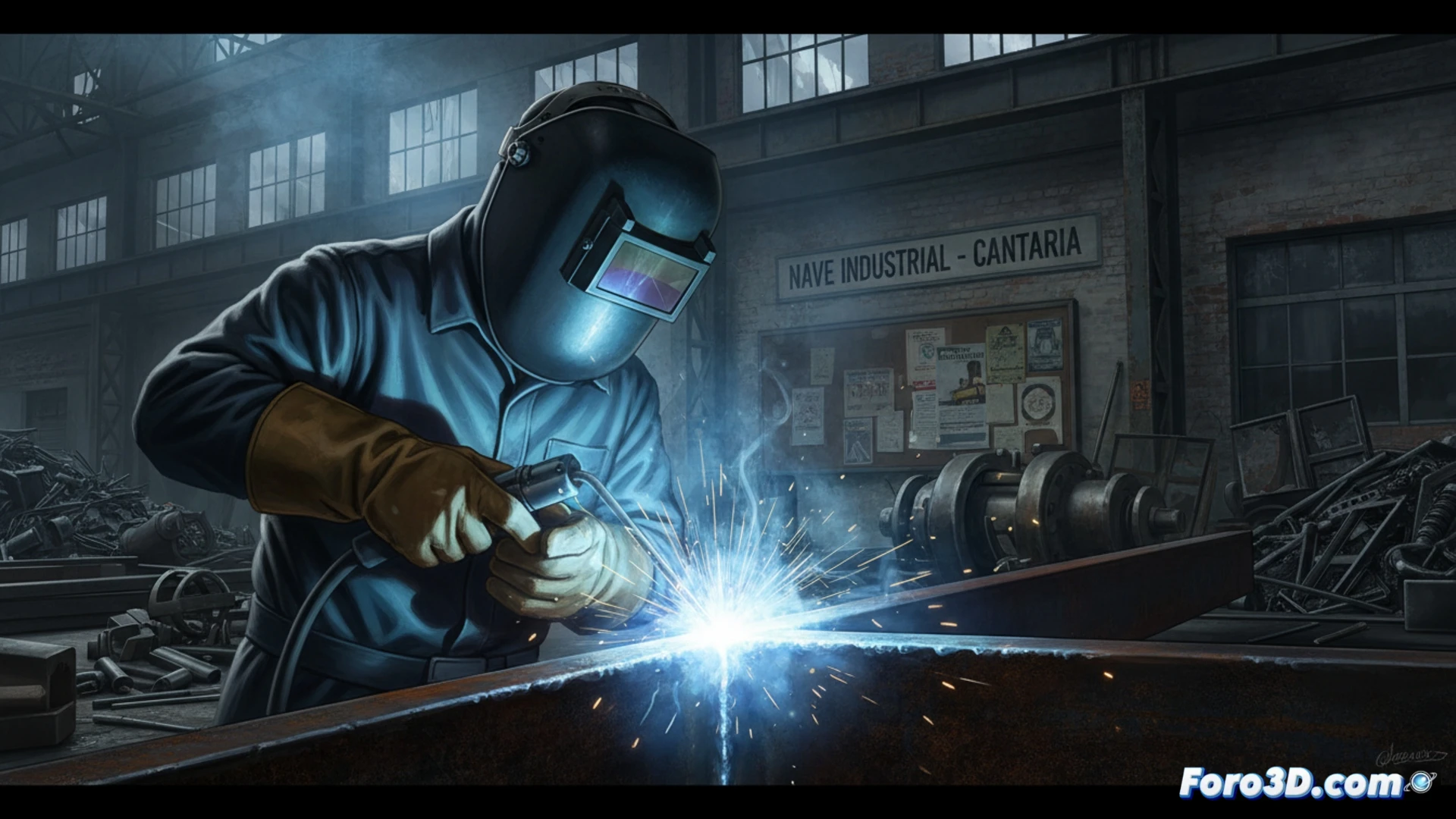 Un soldador genera un intenso arco eléctrico azulado, iluminando el cordón de soldadura fundido y las chispas sobre una pieza metálica industrial.