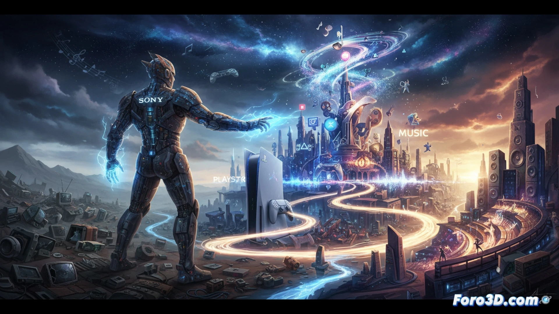 Una PlayStation y unos auriculares sobre un fondo de notas musicales, simbolizando el nuevo enfoque de Sony en videojuegos y música.