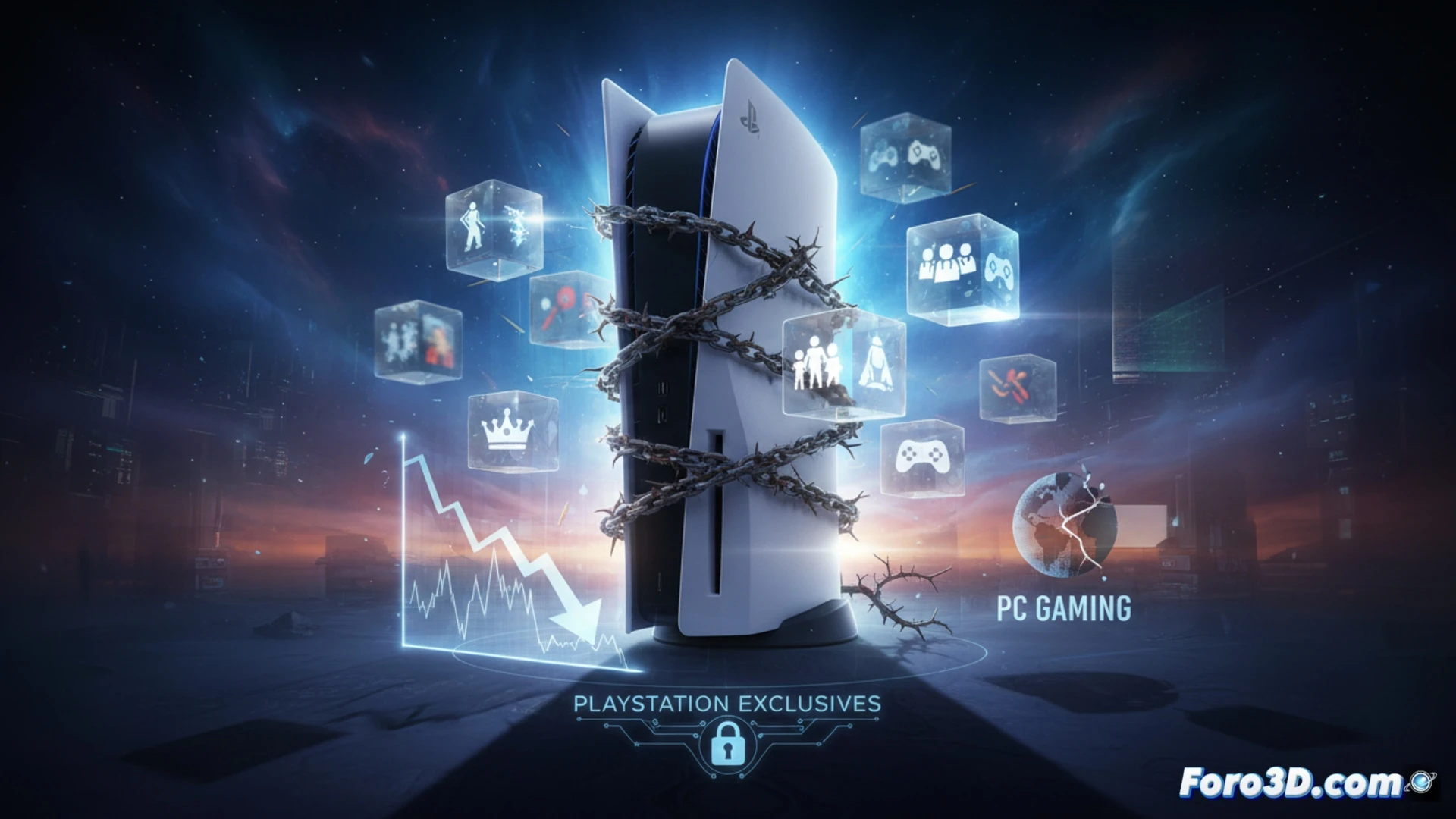 Un desarrollador observa un gráfico de ventas de PS5 y PC, con God of War en una pantalla dividida que se desvanece hacia el lado de la consola.