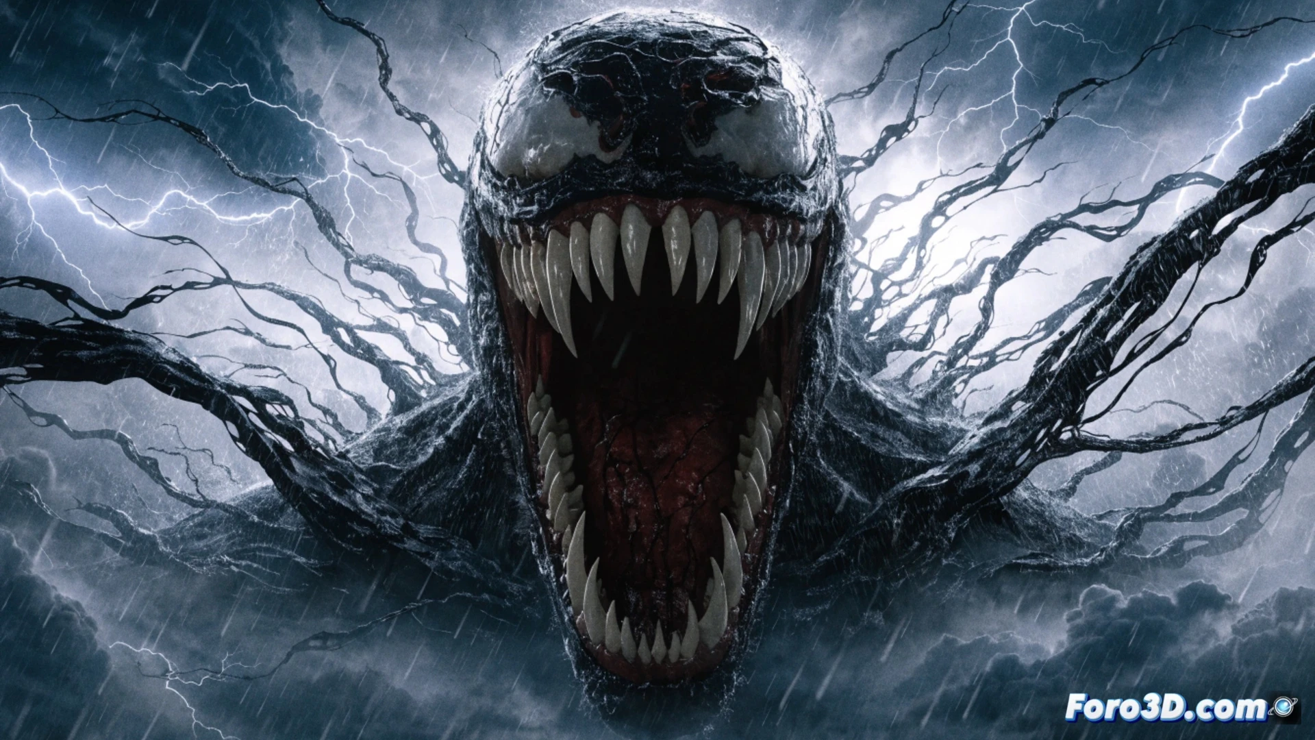 Un Venom estilizado en animación emerge de un lienzo digital, con los directores Zach Lipovsky y Adam B. Stein reflejados en sus ojos blancos.